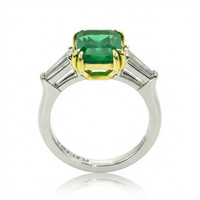 3.11 Ct. Emerald and Natural Diamond Three Stone Ring, Platinum & 18K Yellow Image