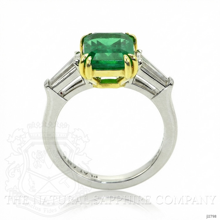 3.11 Ct. Emerald and Natural Diamond Three Stone Ring, Platinum & 18K Yellow