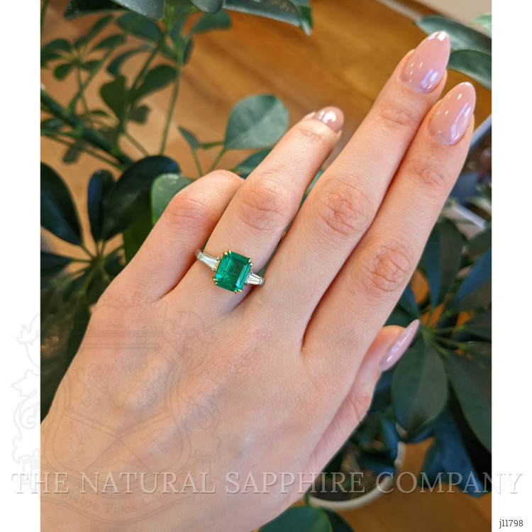 3.11 Ct. Emerald and Natural Diamond Three Stone Ring, Platinum & 18K Yellow