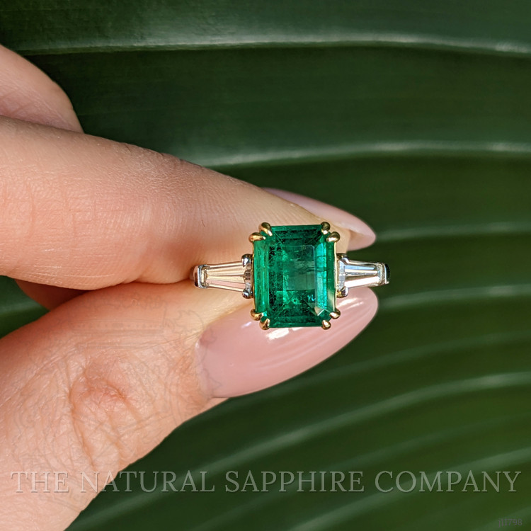 3.11 Ct. Emerald and Natural Diamond Three Stone Ring, Platinum & 18K Yellow