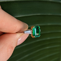 3.11 Ct. Emerald and Natural Diamond Three Stone Ring, Platinum & 18K Yellow Life Style
