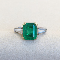 3.11 Ct. Emerald and Natural Diamond Three Stone Ring, Platinum & 18K Yellow Life Style