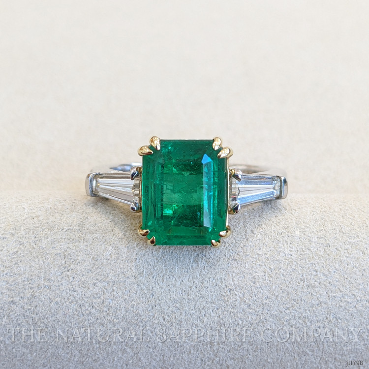 3.11 Ct. Emerald and Natural Diamond Three Stone Ring, Platinum & 18K Yellow