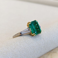 3.11 Ct. Emerald and Natural Diamond Three Stone Ring, Platinum & 18K Yellow Life Style