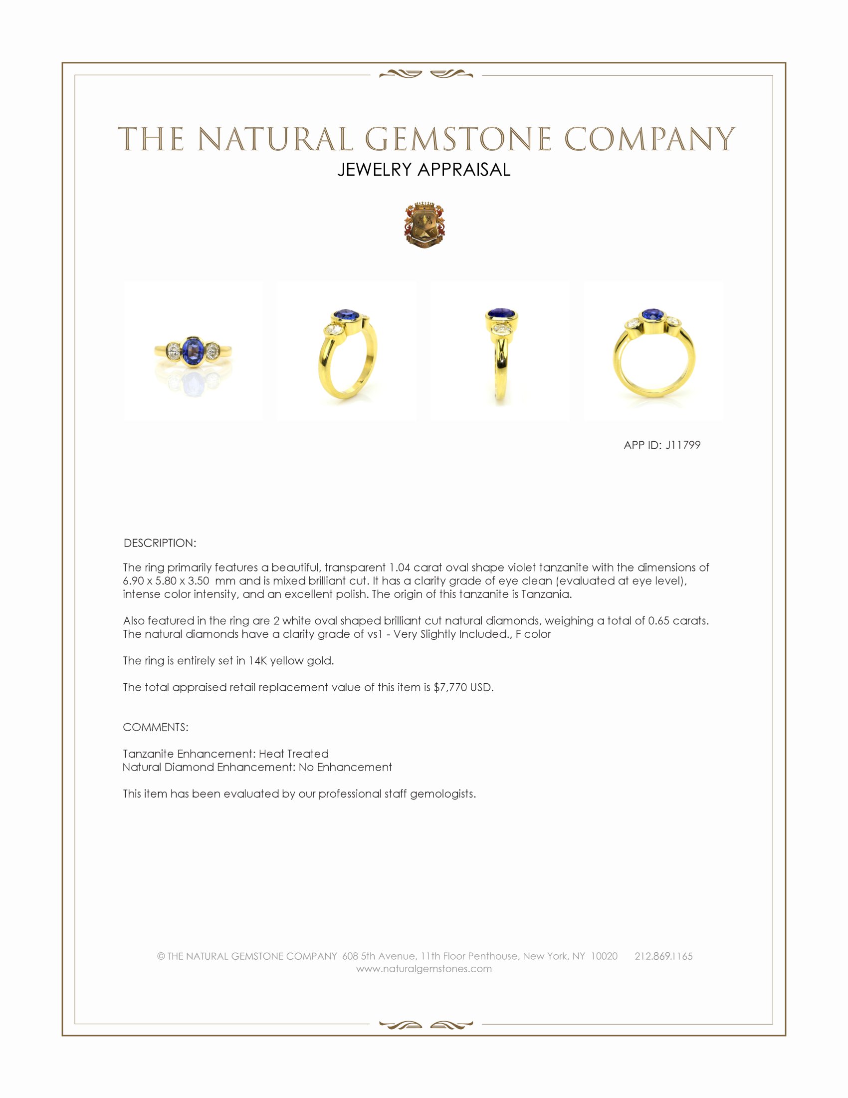 1.04 Ct. Violet Tanzanite and Natural Diamond Three Stone Ring, 14K Yellow Gold