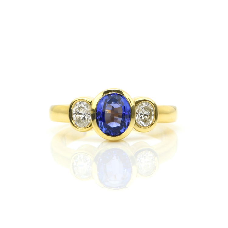 1.04 Ct. Violet Tanzanite and Natural Diamond Three Stone Ring, 14K Yellow Gold