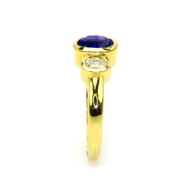 1.04 Ct. Violet Tanzanite and Natural Diamond Three Stone Ring, 14K Yellow Gold