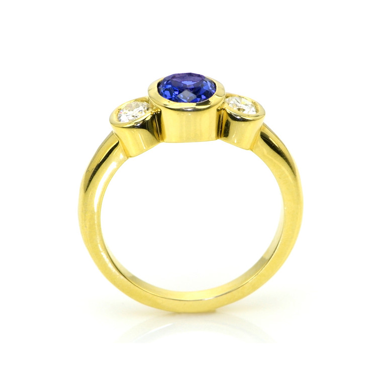 1.04 Ct. Violet Tanzanite and Natural Diamond Three Stone Ring, 14K Yellow Gold