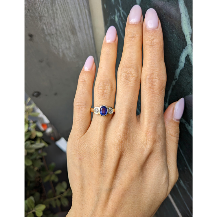 1.04 Ct. Violet Tanzanite and Natural Diamond Three Stone Ring, 14K Yellow Gold