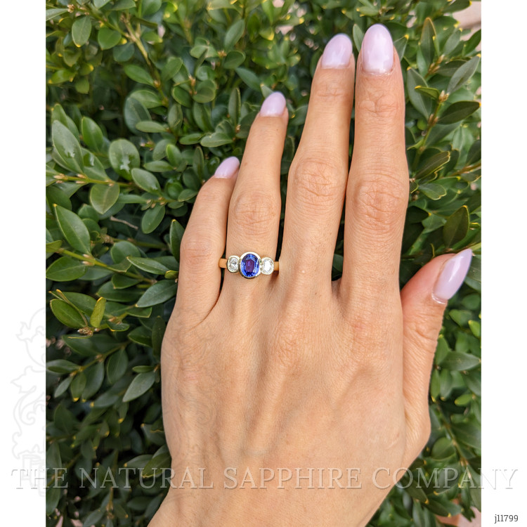 1.04 Ct. Violet Tanzanite and Natural Diamond Three Stone Ring, 14K Yellow Gold