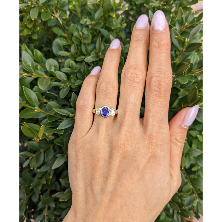 1.04 Ct. Violet Tanzanite and Natural Diamond Three Stone Ring, 14K Yellow Gold