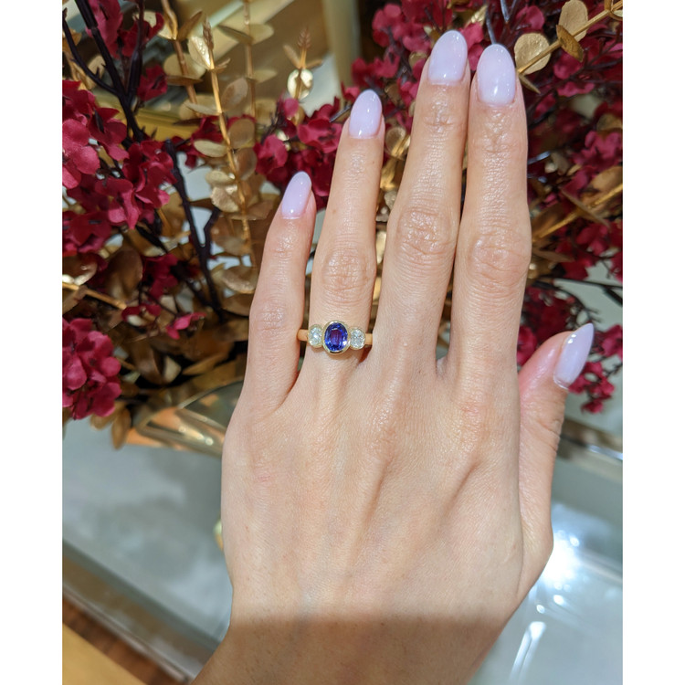 1.04 Ct. Violet Tanzanite and Natural Diamond Three Stone Ring, 14K Yellow Gold