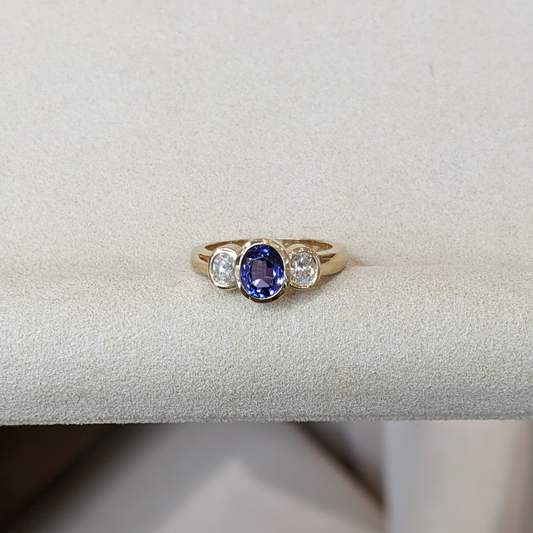 1.04 Ct. Violet Tanzanite and Natural Diamond Three Stone Ring, 14K Yellow Gold