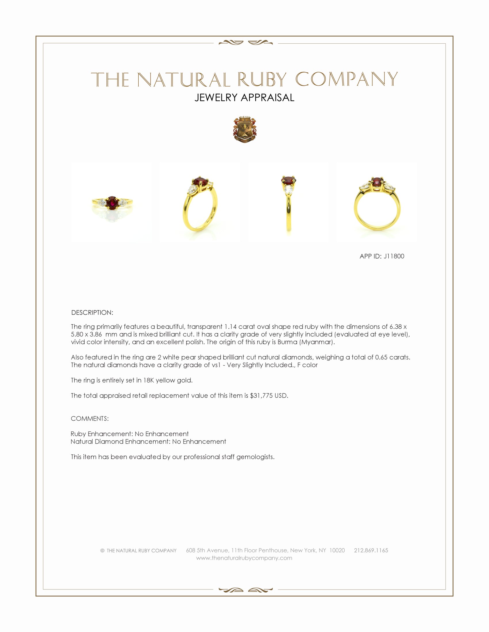 1.14 Ct. Ruby and Natural Diamond Three Stone Ring, 18K Yellow Gold