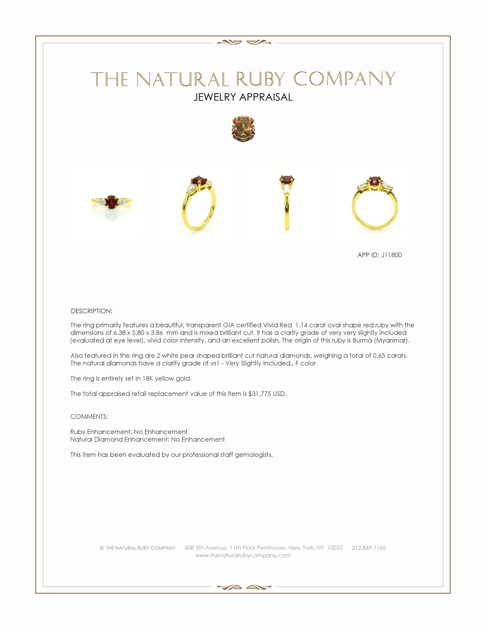 1.14 Ct. Ruby and Natural Diamond Three Stone Ring, 18K Yellow Gold