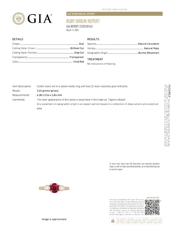 1.14 Ct. Ruby and Natural Diamond Three Stone Ring, 18K Yellow Gold