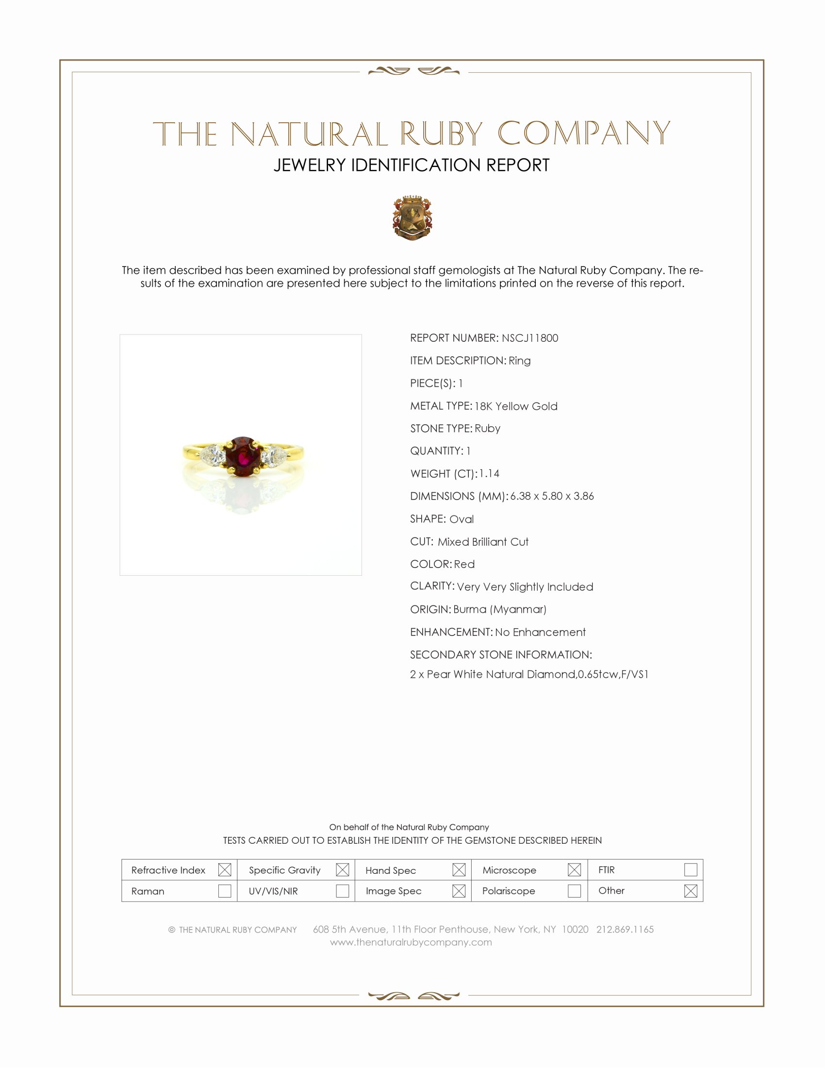 1.14 Ct. Ruby and Natural Diamond Three Stone Ring, 18K Yellow Gold