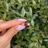 1.14 Ct. Ruby and Natural Diamond Three Stone Ring, 18K Yellow Gold Life Style