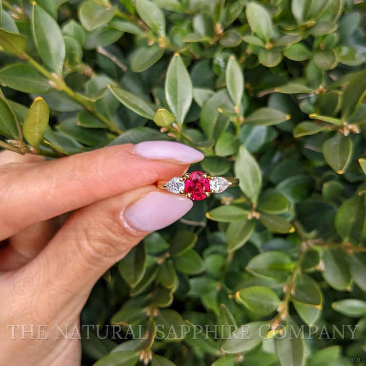 1.14 Ct. Ruby and Natural Diamond Three Stone Ring, 18K Yellow Gold