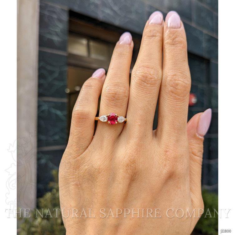 1.14 Ct. Ruby and Natural Diamond Three Stone Ring, 18K Yellow Gold