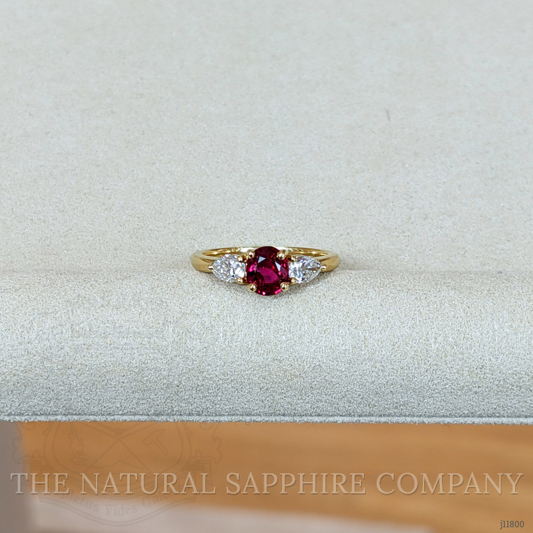 1.14 Ct. Ruby and Natural Diamond Three Stone Ring, 18K Yellow Gold
