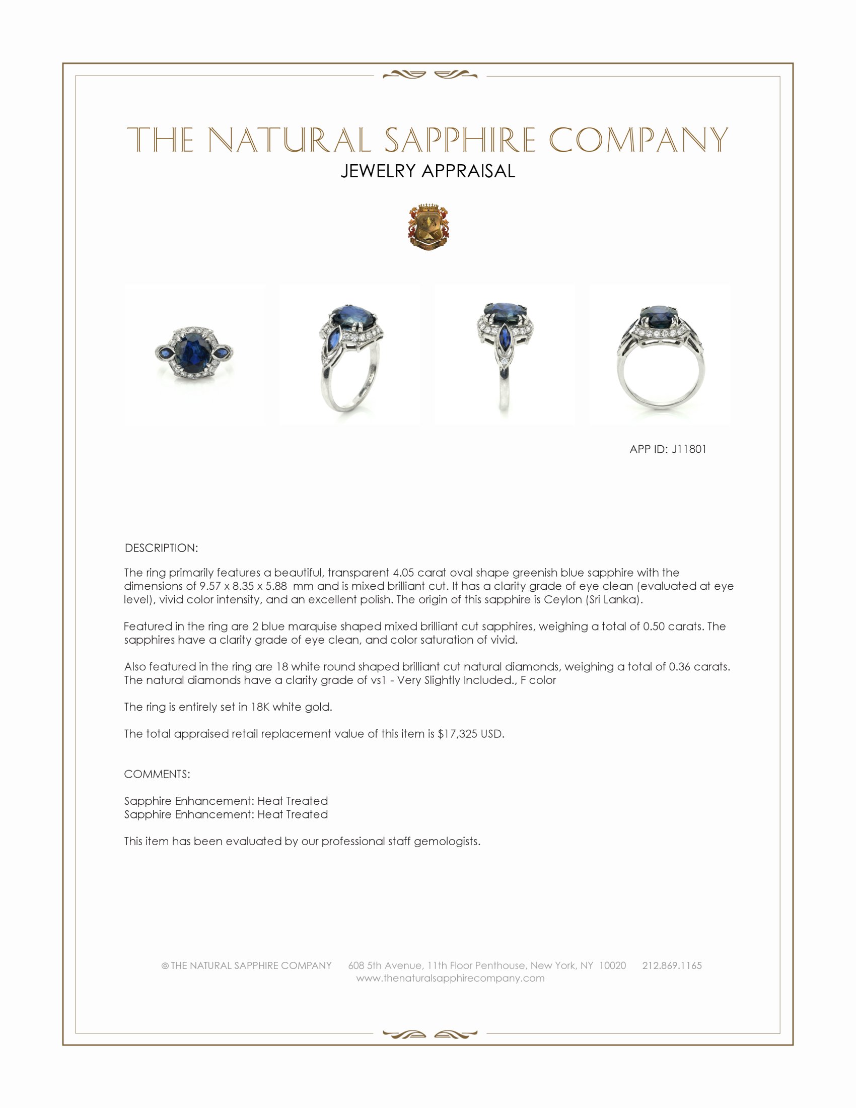 4.05 Ct. Mixed Sapphire and Natural Diamond Antique Style Ring, 18K White Gold