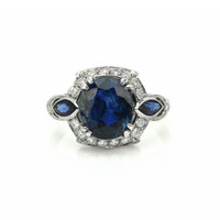 4.05 Ct. Mixed Sapphire and Natural Diamond Antique Style Ring, 18K White Gold Video