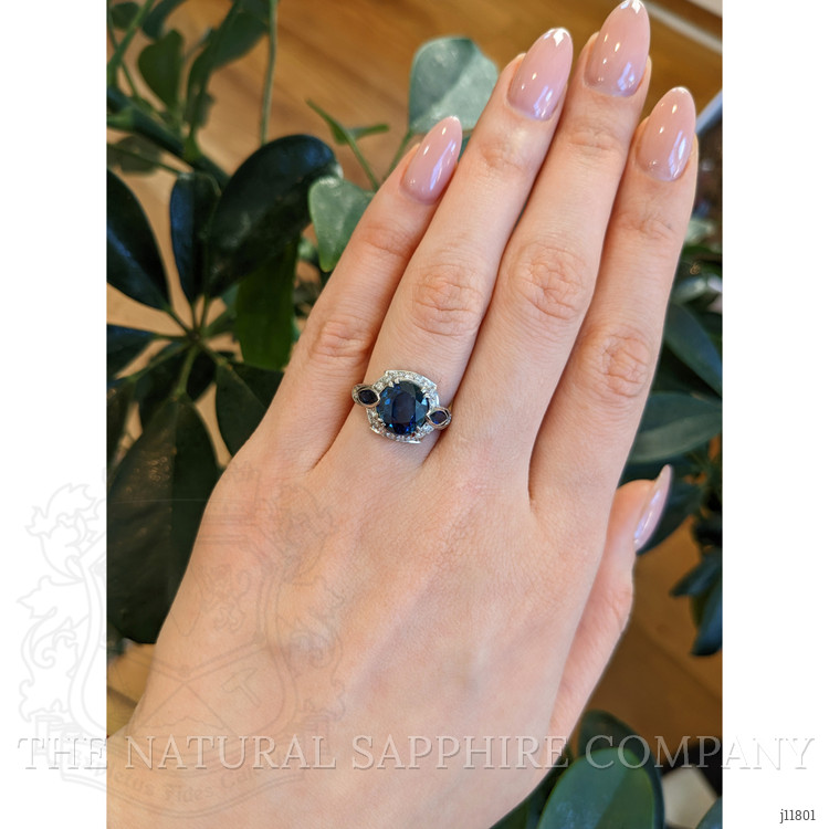 4.05 Ct. Mixed Sapphire and Natural Diamond Antique Style Ring, 18K White Gold