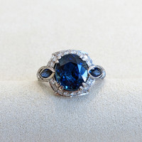 4.05 Ct. Mixed Sapphire and Natural Diamond Antique Style Ring, 18K White Gold Life Style
