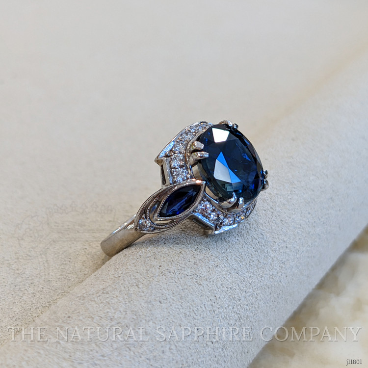 4.05 Ct. Mixed Sapphire and Natural Diamond Antique Style Ring, 18K White Gold