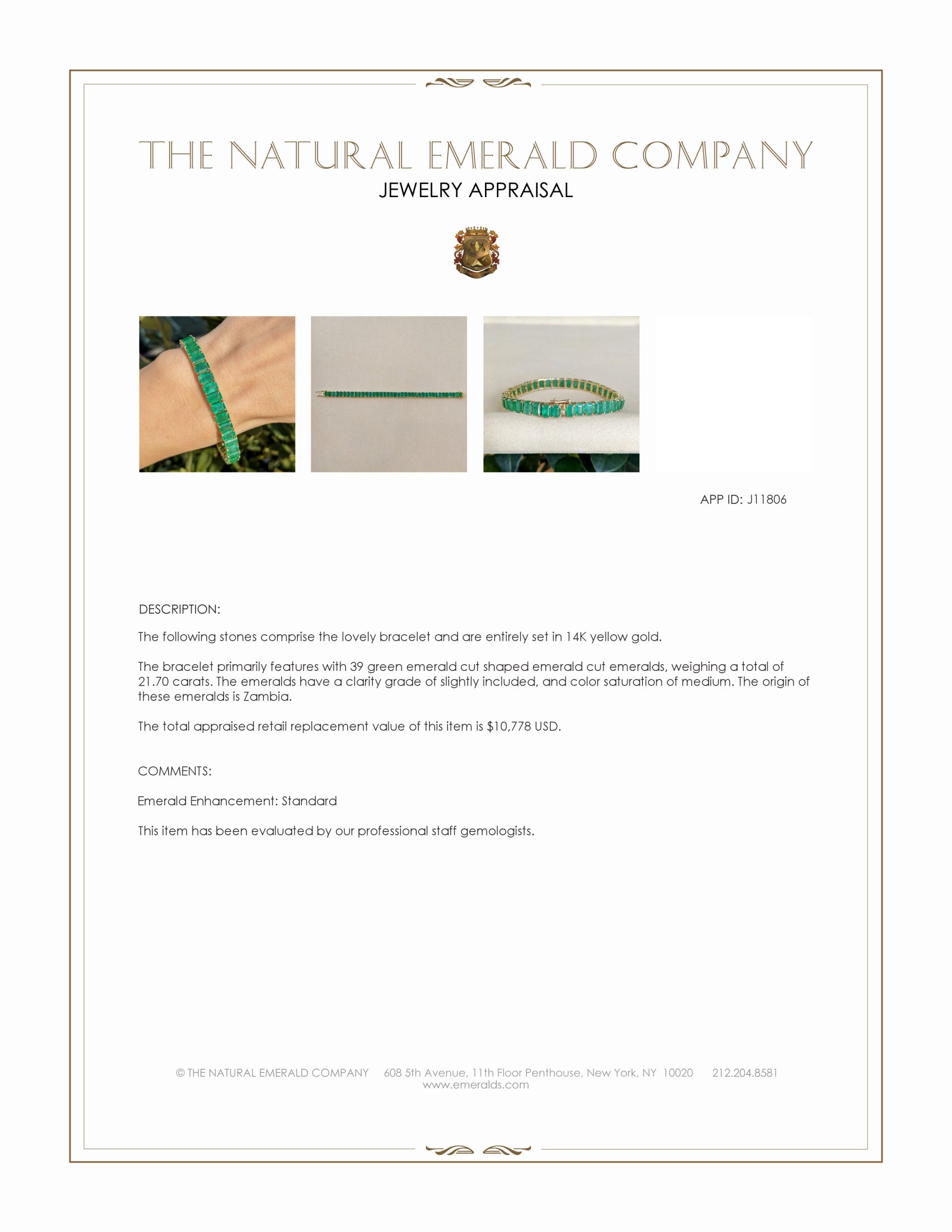 21.70 Ct.Tw. Emerald Tennis/Line Bracelet, 14K Yellow Gold