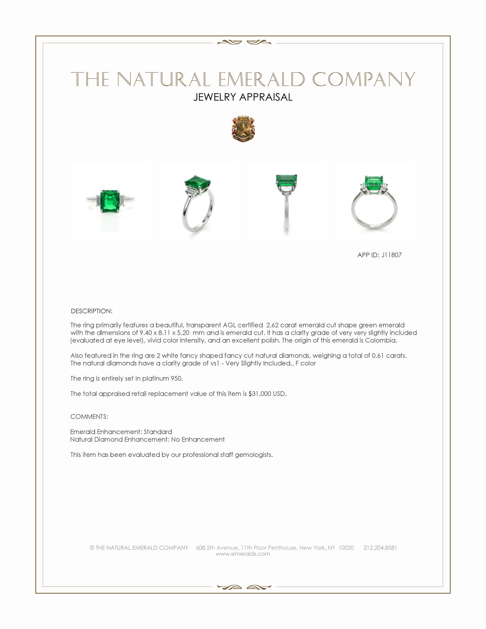 2.62 Ct. Emerald and Natural Diamond Three Stone Ring, Platinum 950