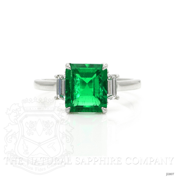 2.62 Ct. Emerald and Natural Diamond Three Stone Ring, Platinum 950