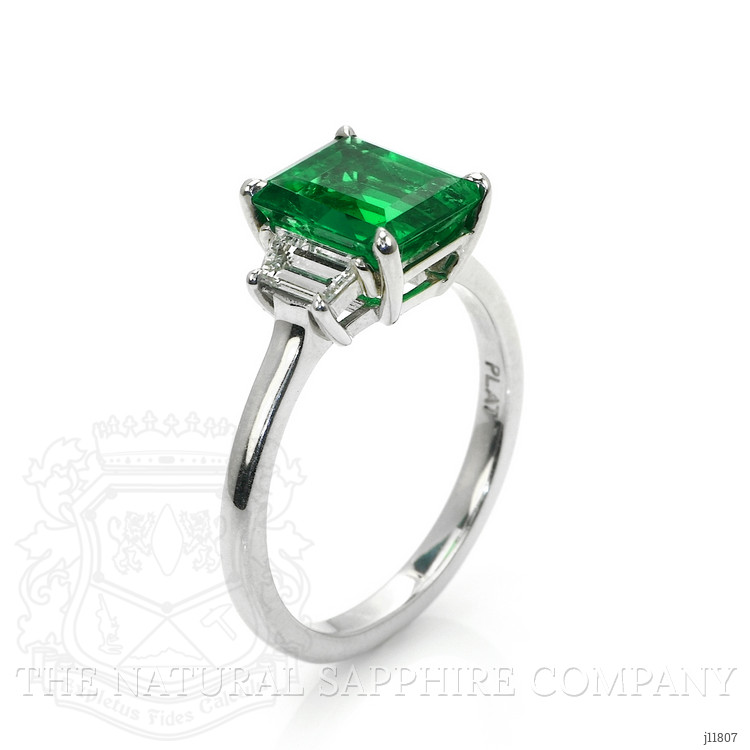 2.62 Ct. Emerald and Natural Diamond Three Stone Ring, Platinum 950