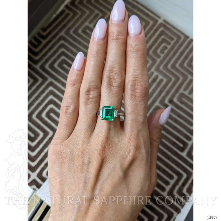2.62 Ct. Emerald and Natural Diamond Three Stone Ring, Platinum 950