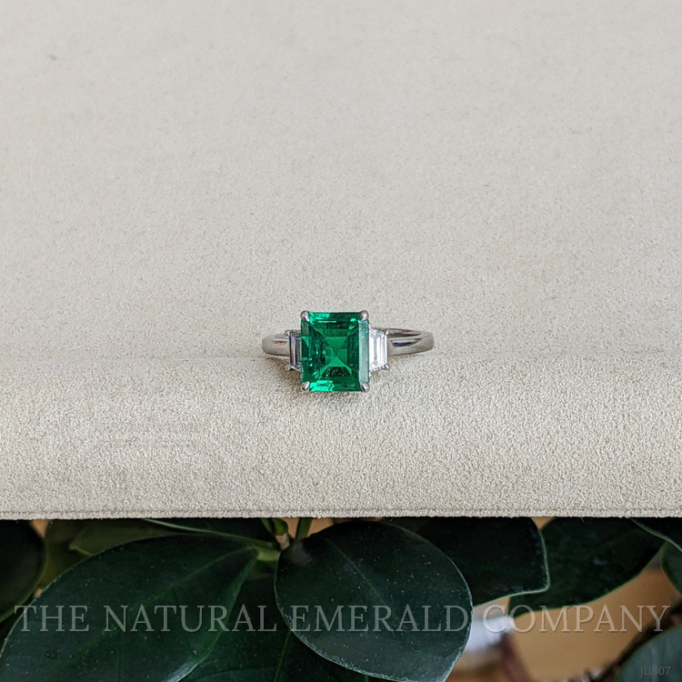 2.62 Ct. Emerald and Natural Diamond Three Stone Ring, Platinum 950