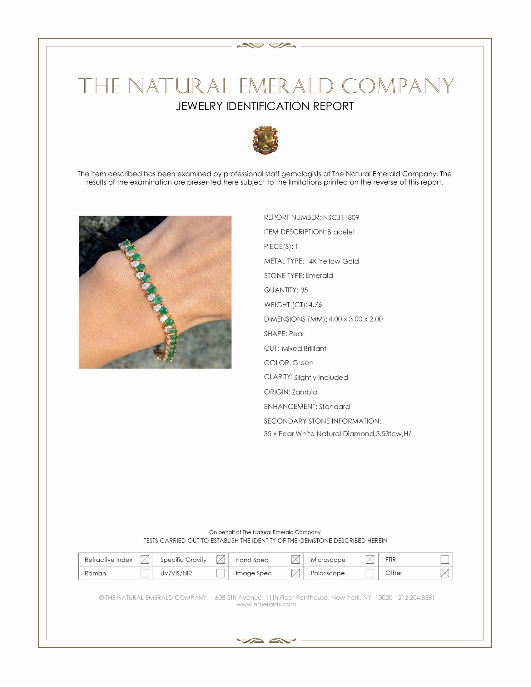 4.76 Ct.Tw. Emerald and Natural Diamond Tennis/Line Bracelet, 14K Yellow Gold
