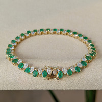 4.76 Ct.Tw.Total Carat Weight Emerald and Natural Diamond Tennis/Line Bracelet, 14K Yellow Gold Image