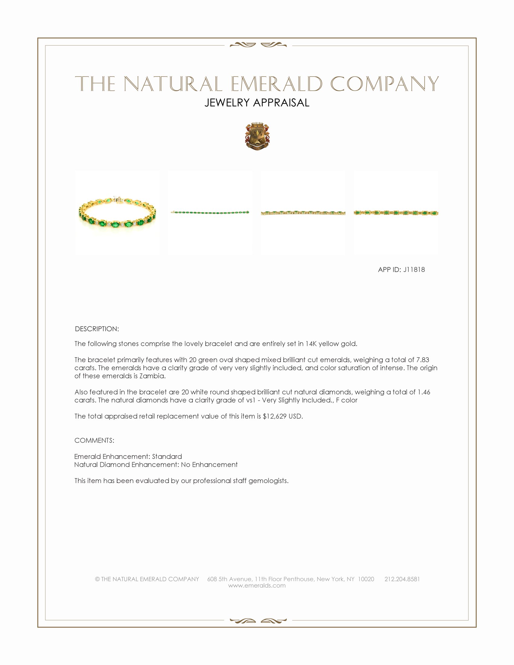 7.83 Ct.Tw. Emerald and Natural Diamond Pave Bracelet, 14K Yellow Gold