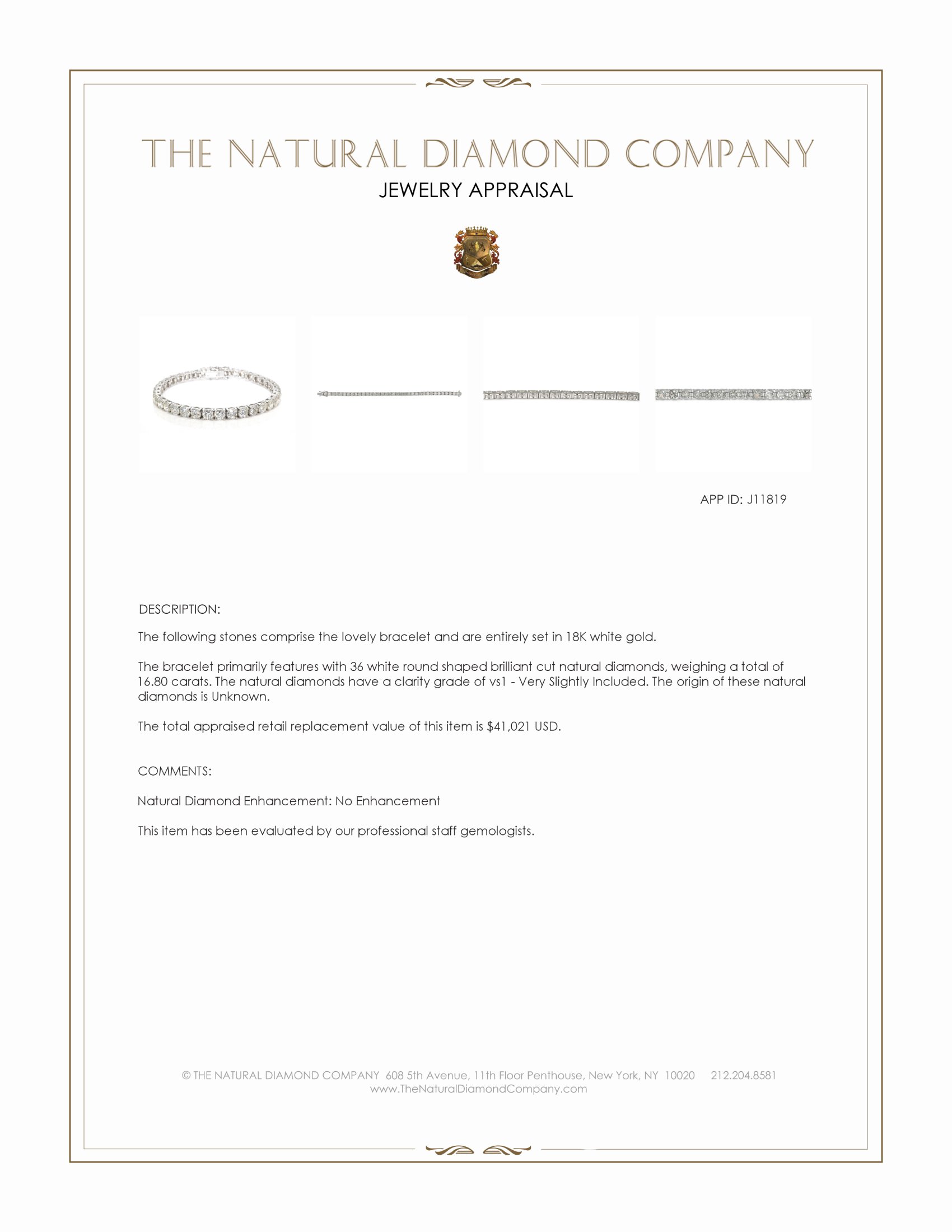 16.80 Ct.Tw. Natural Diamond Tennis/Line Bracelet, 18K White Gold