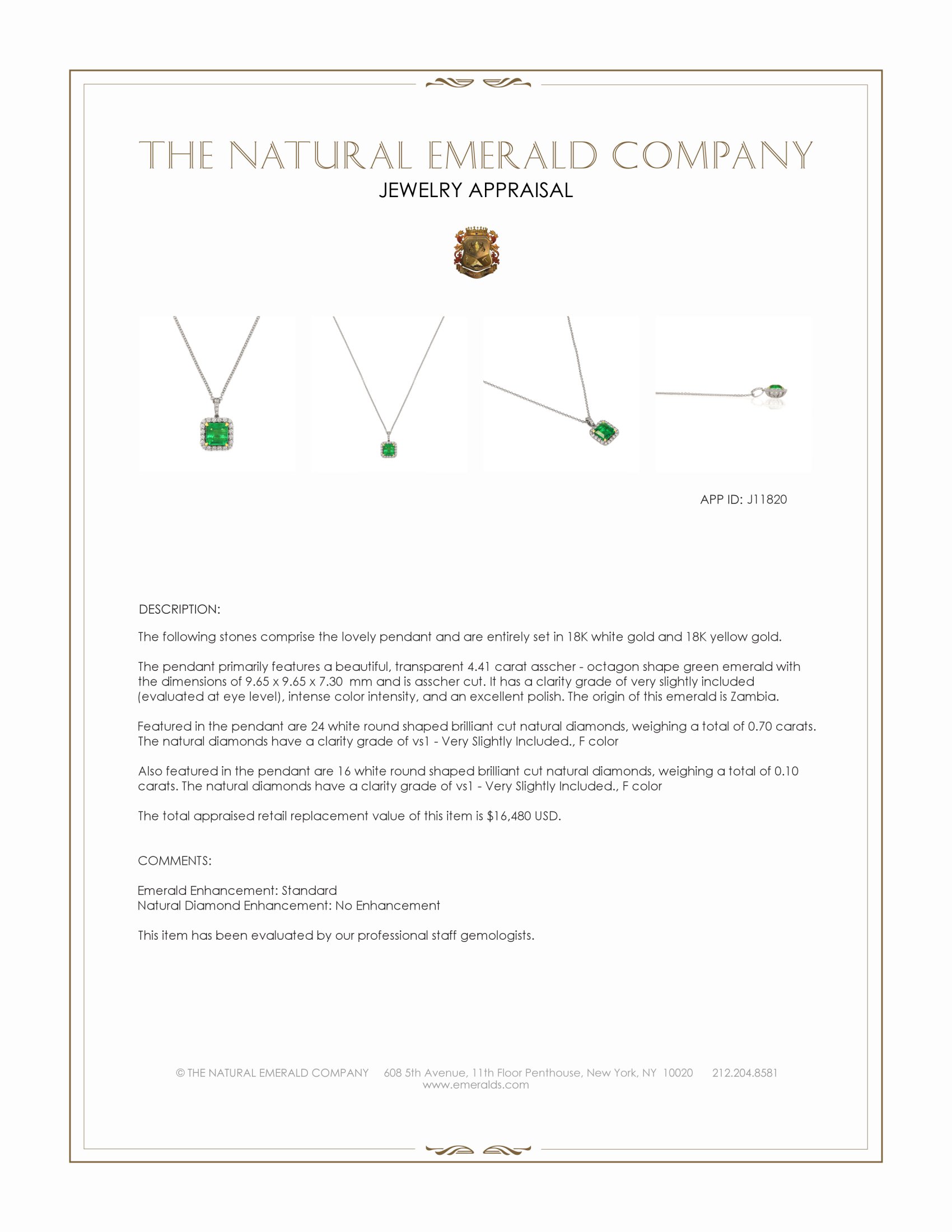4.41 Ct. Emerald and Natural Diamond Pave Pendant, 18K White & Yellow