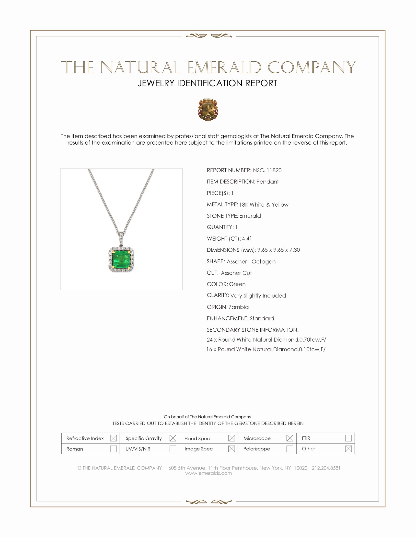 4.41 Ct. Emerald and Natural Diamond Pave Pendant, 18K White & Yellow