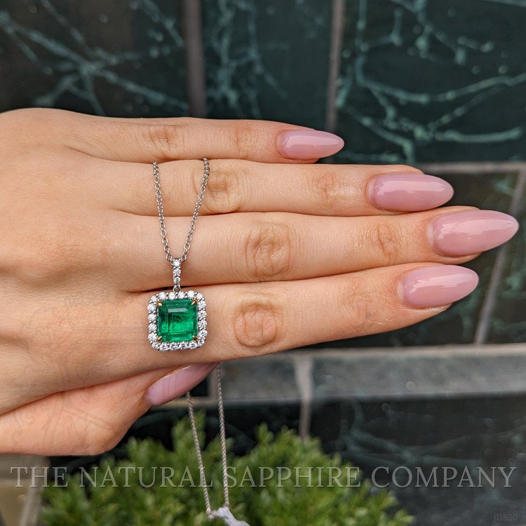 4.41 Ct. Emerald and Natural Diamond Pave Pendant, 18K White & Yellow