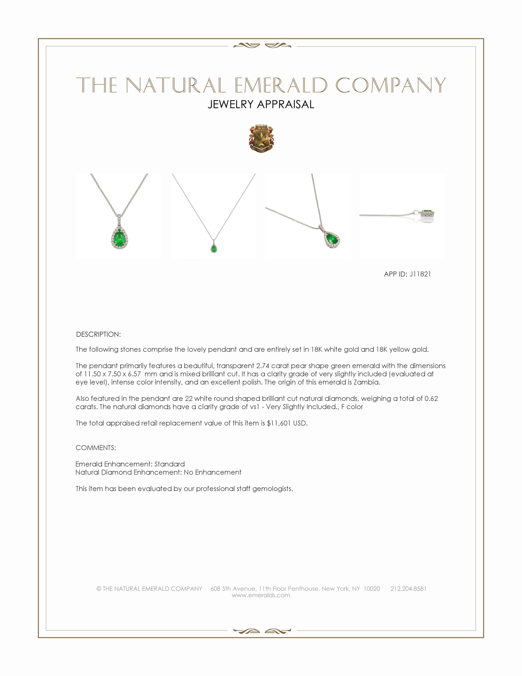 2.74 Ct. Emerald and Natural Diamond Pave Pendant, 18K White & Yellow