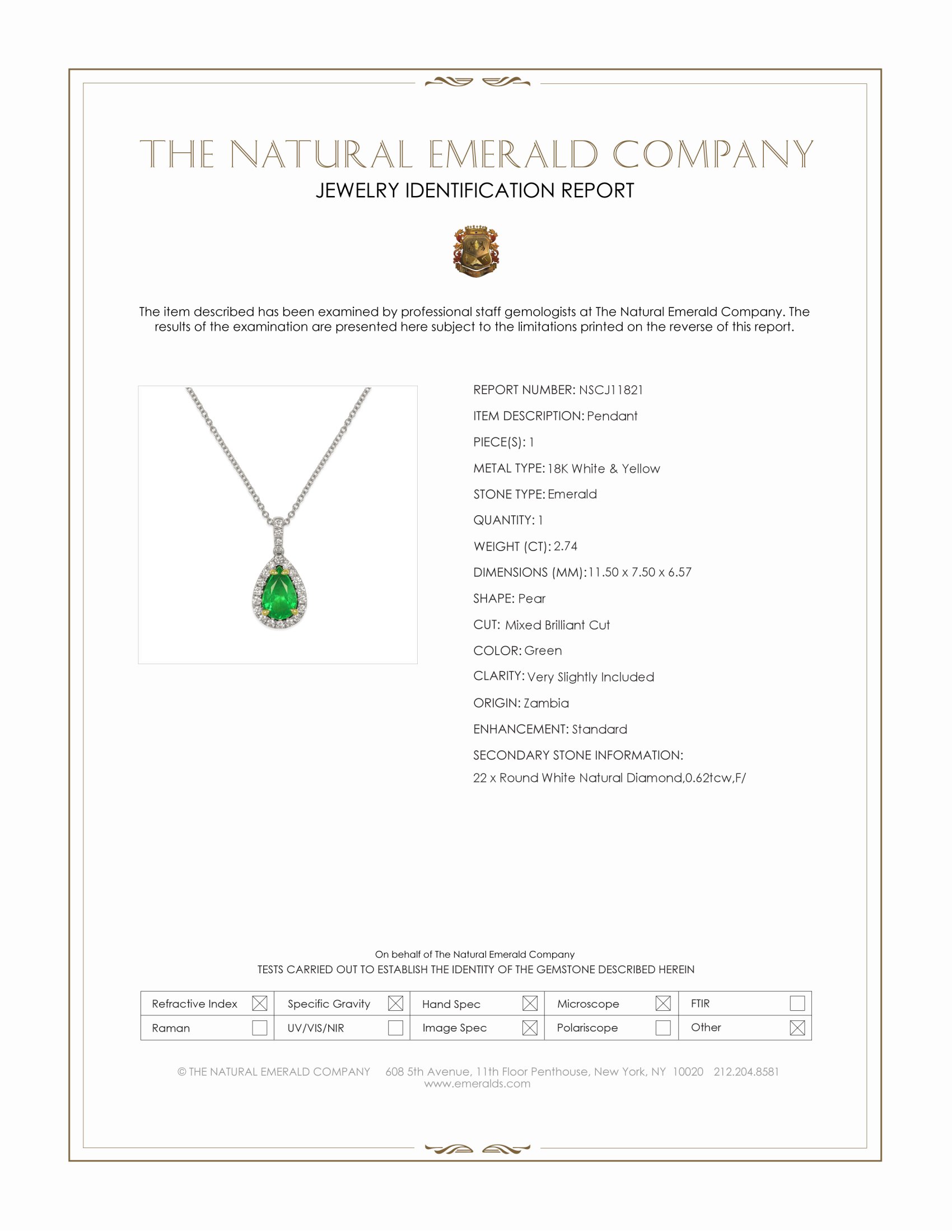 2.74 Ct. Emerald and Natural Diamond Pave Pendant, 18K White & Yellow
