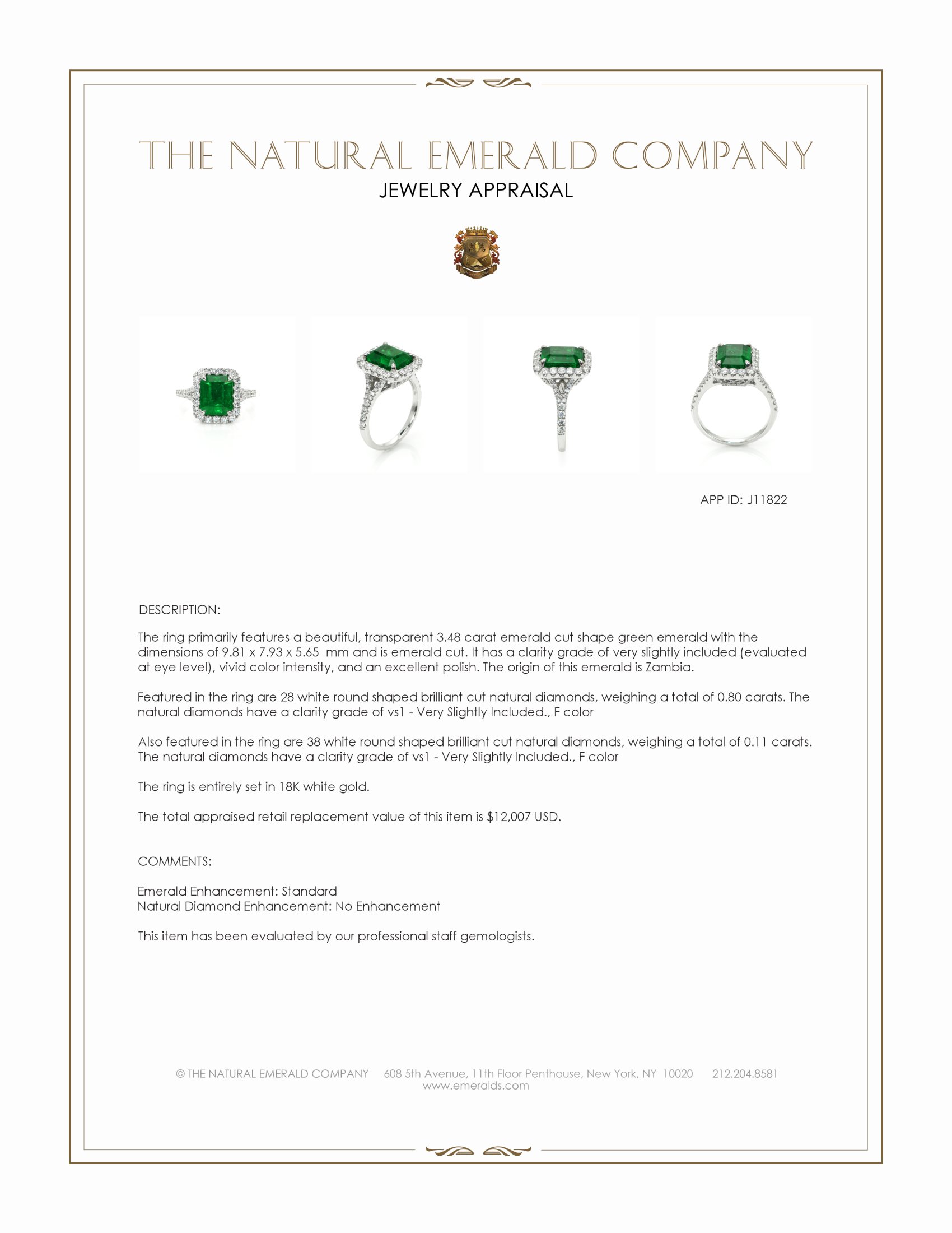 3.48 Ct. Emerald and Natural Diamond Pave Ring, 18K White Gold