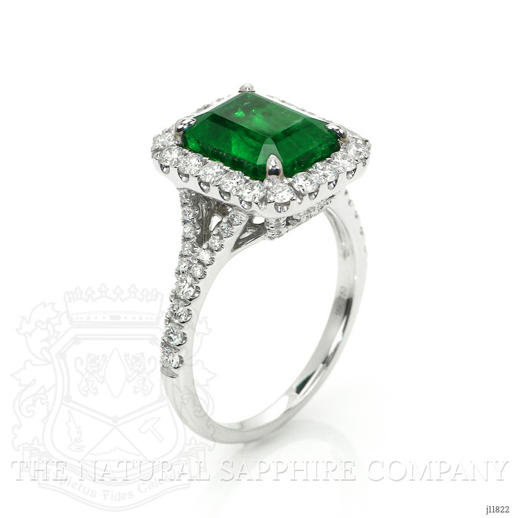 3.48 Ct. Emerald and Natural Diamond Pave Ring, 18K White Gold