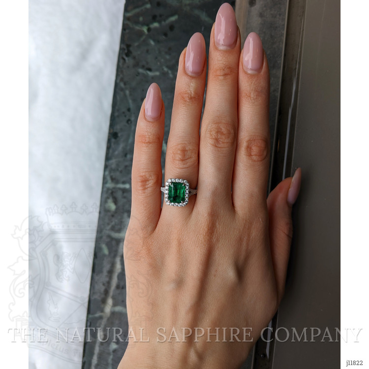 3.48 Ct. Emerald and Natural Diamond Pave Ring, 18K White Gold