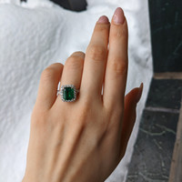 3.48 Ct. Emerald and Natural Diamond Pave Ring, 18K White Gold Life Style