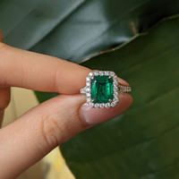 3.48 Ct. Emerald and Natural Diamond Pave Ring, 18K White Gold Life Style